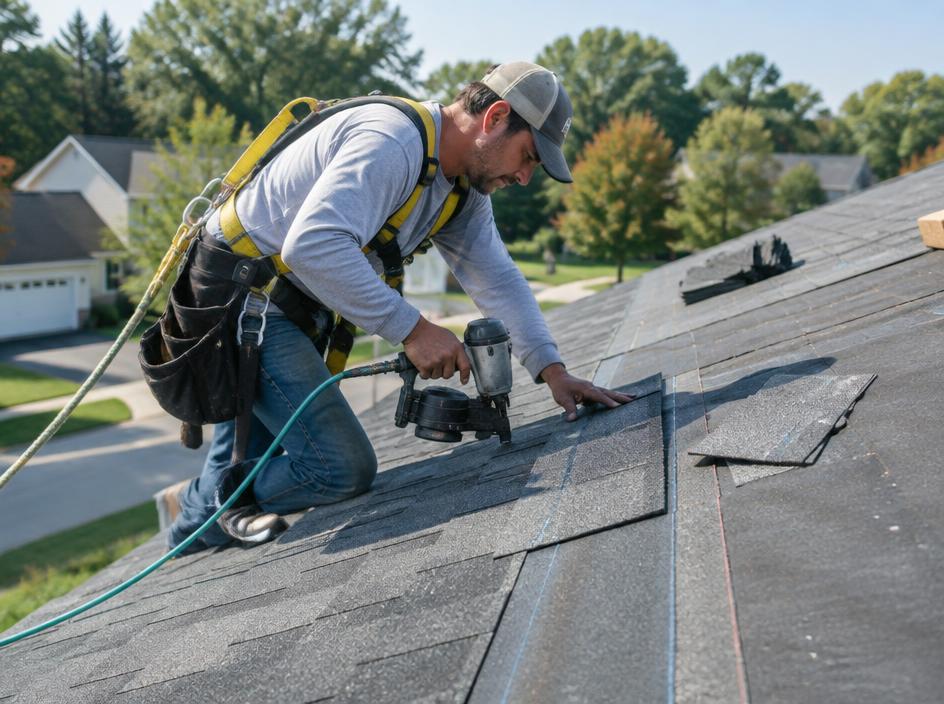 Roofing professional at work
