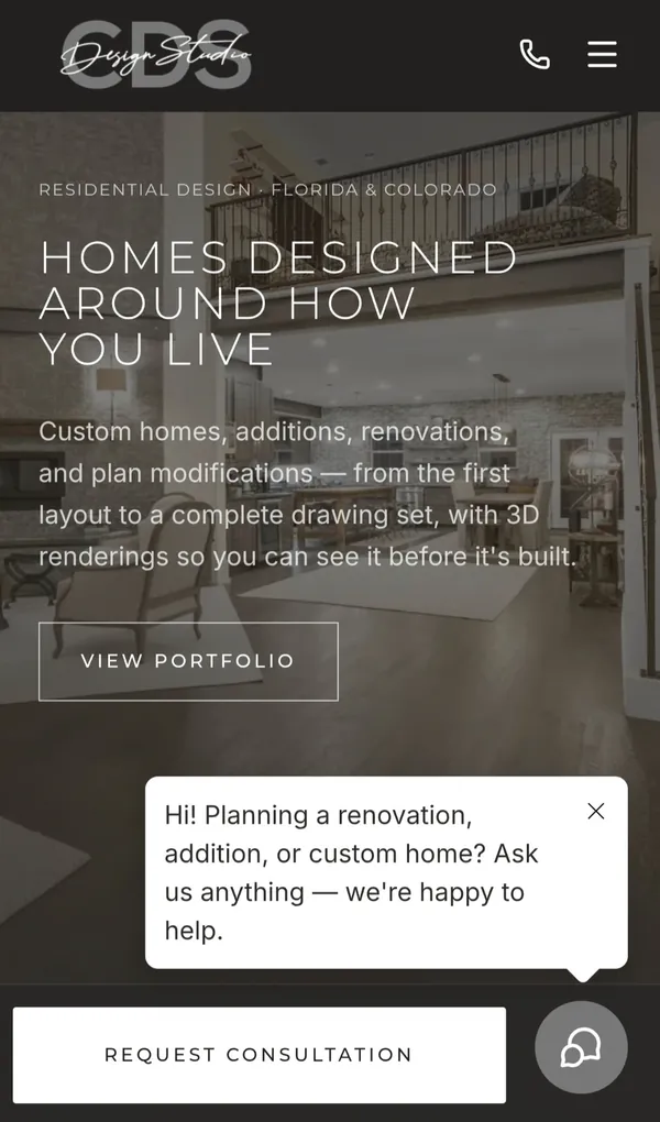 Creating Design Solutions website homepage on mobile